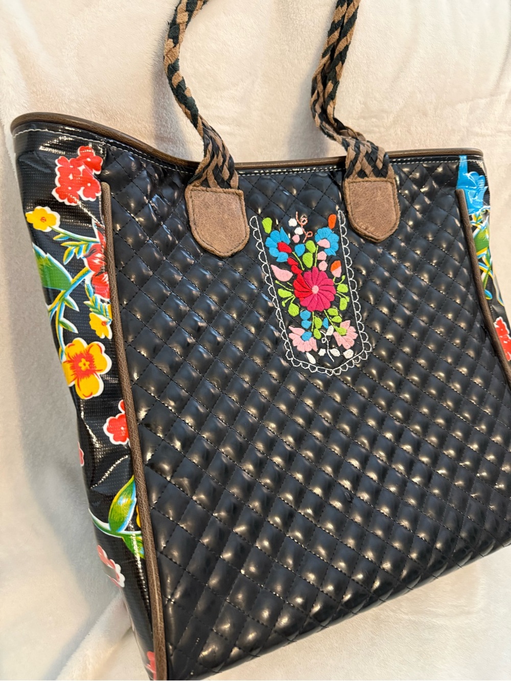 Consuela Vintage Black Tote with Bright Floral interior & sides, inside pocket